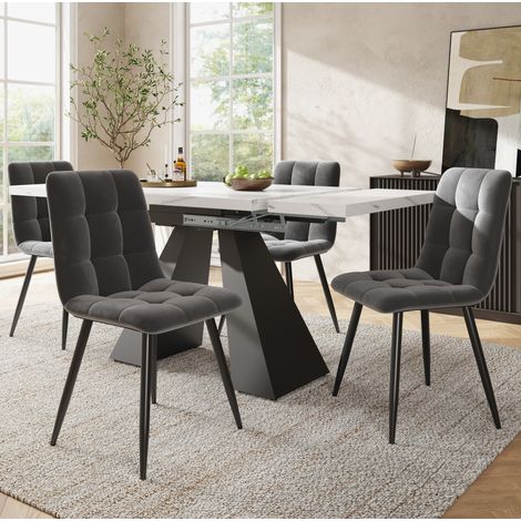 CHICFURN Mesa de comedor extensible 99-159 x 74 x 77 cm MDF blanco, 4 sillas grises (1/5)