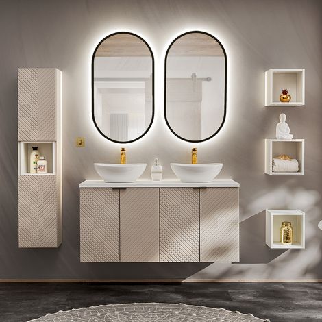 Badmöbel Set 7-teilig in Beige und weiß mit 120 cm Doppelwaschtisch VERACRUZ-56 (1/5)