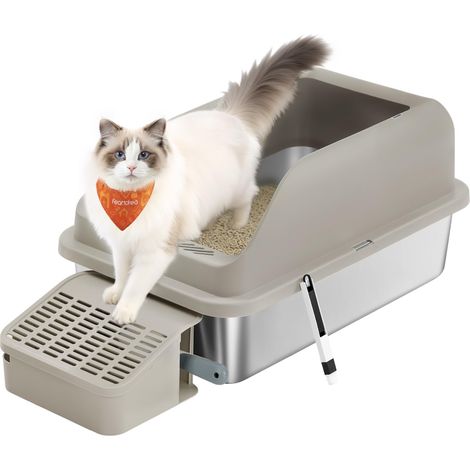 Bac à Litière pour Chat, en Acier Inoxydable, à Bords Hauts, Dessus Ouvert, Marche, Pelle, Brosse, pour Chats Jusqu’à 15 kg, Marron café (1/5)