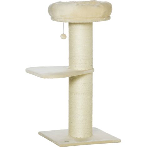 Arbre à chat avec griffoir en sisal naturel, 2 plateformes, panier d'observation, jeu avec boule suspendue en peluche, beige (1/5)