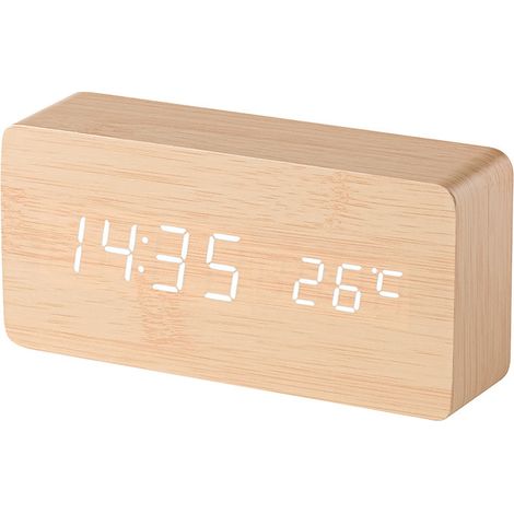 ThreeH Digitaler Wecker, 3 Wecker-Sets und Sprachsteuerung, stilvoller Schreibtischwecker aus Holz mit Temperaturanzeige für Zuhause, Küche, Schreibtischuhr AC11-GelbWeiß (1/5)