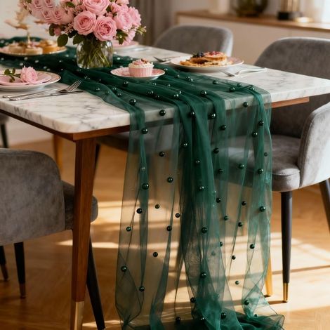 Forêt verte perle gaze chemin de table 80x300 cm décoration de table de cuisine pour intérieur, vacances, mariage, anniversaire, décoration de fête (1/5)