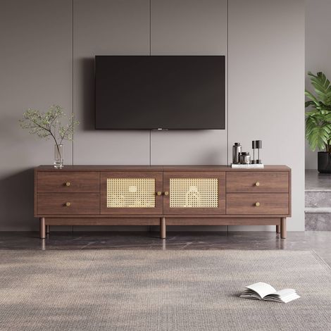 Meuble tv 180 cm – bois foncé avec 2 portes en rotin et 4 tiroirs, design élégant pour tv jusqu’à 80 pouces (1/5)