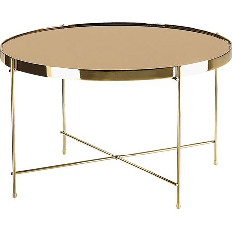 Mesa de centro con tapa de vidrio templado marrón dorado y patas de metal dorado redonda estilo glamour Lucea (1/5)