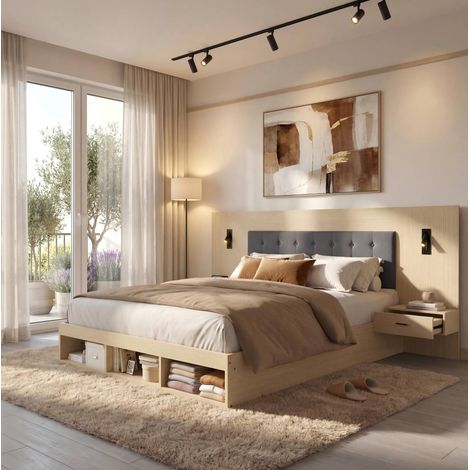 Lit double 160 x 200 cm avec rangements, 2 tables de chevet, MDF, chĂŞne clair (1/5)