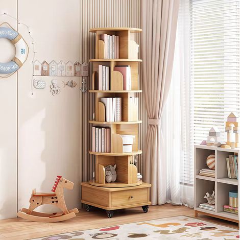 Libreria girevole 360° a 6 livelli con ruote e cassetto, 46 x 46 x 173 cm, legno (1/5)