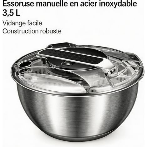Essoreuse à salade manuelle en acier inoxydable 3,5 L, essoreuse à légumes avec panier amovible, rotation rapide sans électricité - Inox (1/5)