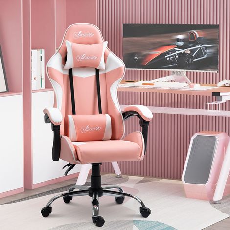 Chaise de jeu, 63x67x122-130 cm rose de bureau inclinable, appuie-tête à 135° et coussin lombaire (1/4)