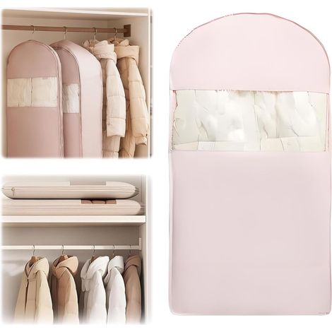 1 housse à vêtements suspendue peu encombrante avec fermeture éclair auto-compressante, sac de rangement ultra-compact et compact, housse anti-poussière pour doudoune et garde-robe (rose, taille M) (1/5)