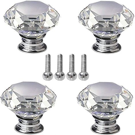 4 boutons en cristal de 40 mm avec motif diamant pour porte de tiroir, armoire, tiroir, penderie, avec vis pour la maison, la cuisine, le bureau, commode, conteneur. (1/5)