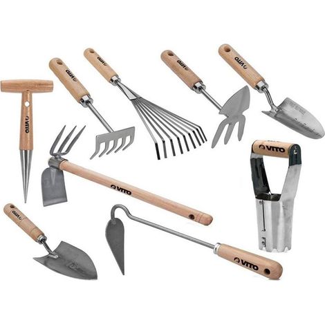 Kit 9 outils de jardin Manche bois Hêtre Inox et Fer forgés à la main VITO (1/5)