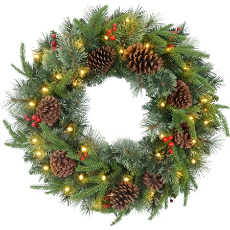 HOMCOM 60cm Christmas Wreath with LED Lights Pine Cones Red Berries Green (1/5)