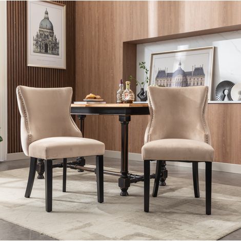 Silla de comedor beige de terciopelo con estructura de madera maciza, 50 x 41 x 91 cm (1/5)
