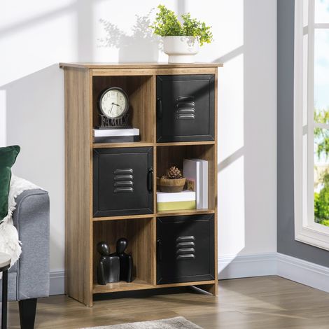 Industrielles Bücherregal – Aufbewahrungsmöbel mit 3 Nischen und 3 Fächern – Holzoptik mit schwarzen Metalltüren
