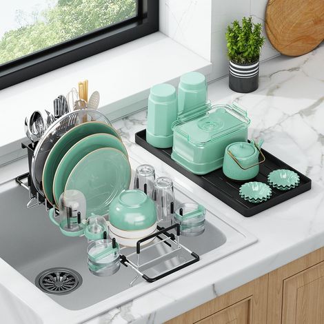 Égouttoir de Sèche-Vaisselle Extensible en Acier Inoxydable 304, avec Plateau de Séchage en Silicone, Support Ustensiles et Adaptable aux Éviers de 35 à 48 cm (SS304 + Extensible) (1/5)