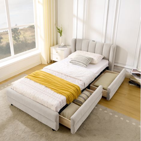 Letto in tessuto ciniglia beige 90x200 cm con cassetti laterali e porte USB/Type-C (1/5)