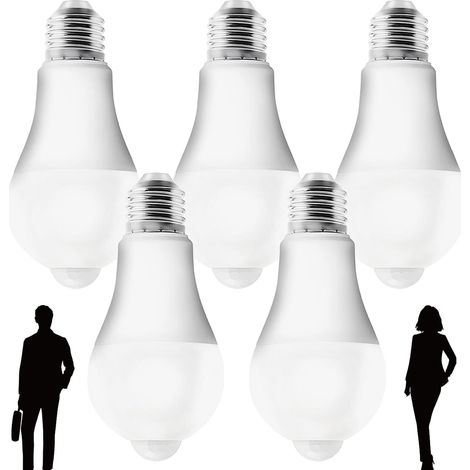 Lot de 5 ampoules LED E27 avec détecteur de mouvement PIR, 12W, blanc 5700 K, 1100 lumens, angle de diffusion 120°, IRC 80, non dimmables, ampoules basse consommation pour couloir, escalier, garage (1/5)