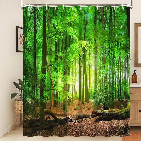 Rideau de Douche Printemps Paysage de la Nature Rideau de Douche Paysage 3D Forêt de feuillus Rideau de Douche forêt Tropicale Tissu imperméable et Lavable en Machine 120x180cm (1/5)