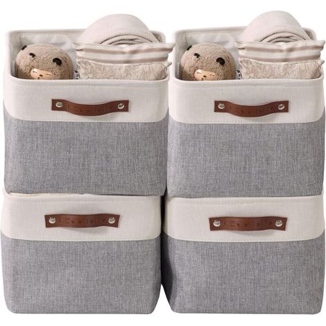 paniers de rangement pliables en tissu cationique robuste et pliable avec poignées pour étagère pour chambre d'enfant ou penderie (Gris et blanc, Large - 4 Pack)-LIAIKI (1/5)
