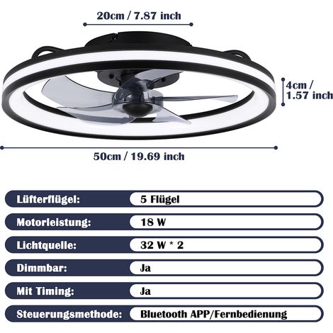 Wolketon LED Deckenventilator mit Beleuchtung und Fernbedienung Dimmbar Deckenleuchte Schlafzimmer Wohn 48CM