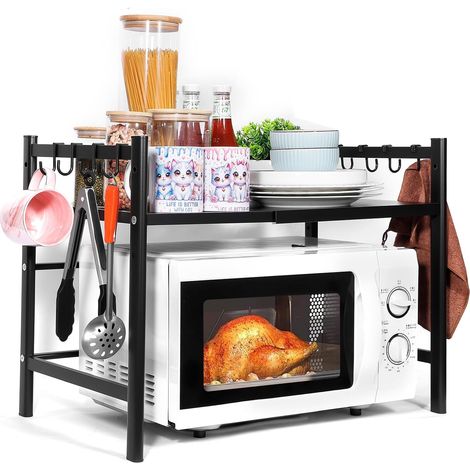 Étagère Micro-ondes Réglable 2 Niveaux, Support Extensible en Acier au Carbone avec 8 Crochets, 1 Porte-ustensiles, Porte-Micro-Ondes, Organisateur de Cuisine pour Plan de Travail et Rangement (1/5)