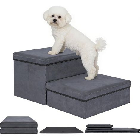 Escalier pour Chien Pliable 2 en 1 avec Espace de Rangement Rampe pour Animaux Canapé et Lit Boîte de Rangement pour Petits Chiens et Chats Gris (1/5)