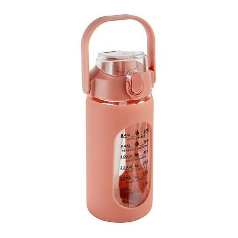 Bottiglia CON cannuccia da 1 litro con rivestimento in silicone, in vetro, rosa
