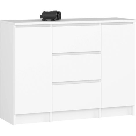 Kommode K100 Weiß 101 cm 2 Türen 3 Schubladen 4 Regalböden B101xH76xT35 cm (1/5)