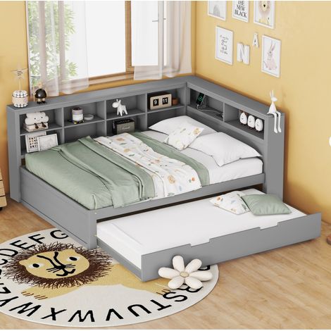 Sofá cama doble extensible con USB y almacenaje madera gris OKMYHOME (1/5)