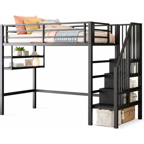Lit mezzanine enfant 90 x 200 cm avec étagères, escalier de rangement, espace libre dessous pour jouer, garde-corps sécurisé, structure métal et MDF, noir CHICFURN (1/5)