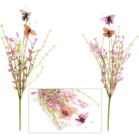 Petits bouquets de fleurs des champs artificielles avec papillon, lot de 12, H. 36 cm (avec tige 50)