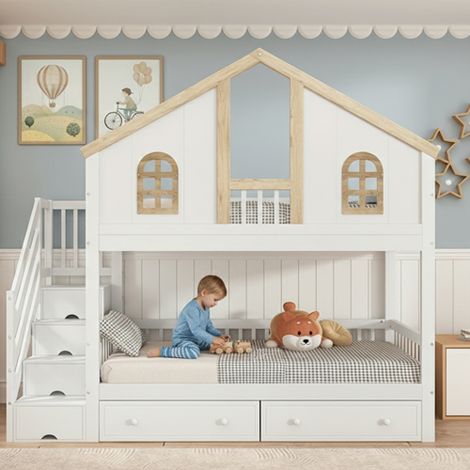 Etagenbett, Kinderbett, mit farblich abgesetztem Fallschutzgitter, mit Fenster, Zwei Schubladen mit Rollen, Treppe mit 4 Ablagefächern, Kiefer+MDF, Weiß+Natur, 90x200cm