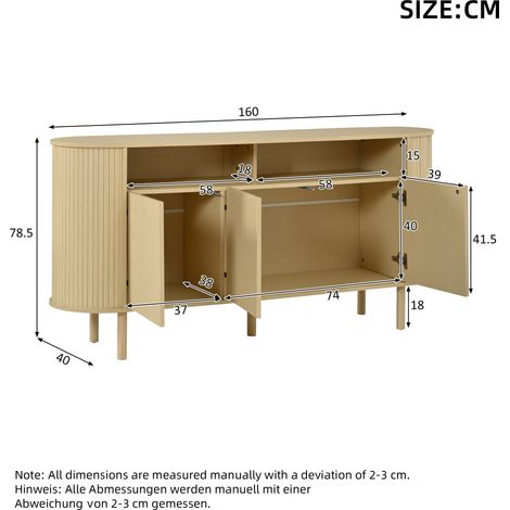 Buffet 160x40x78,5 cm, commode design à 3 portes courbes et niche ouverte, pieds en bois massif, meuble résistant en panneaux de particules pour séjour, couloir ou salle à manger, charge max 75 kg, te (1/5)