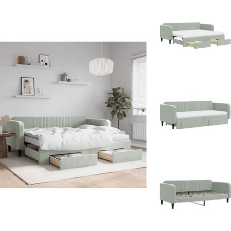 Lit de jour avec gigogne et tiroirs gris clair 90x200cm velours - Canapé Lit - Lit Gigogne - Meuble Multifonctionnel - Lit D'appoint - Rangements Intégrés (1/5)