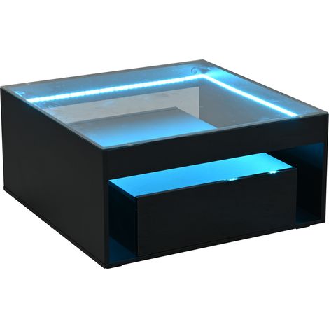 GagaTable basse LED noire 70x70x35 cm 2 tiroirs verre trempé (1/5)