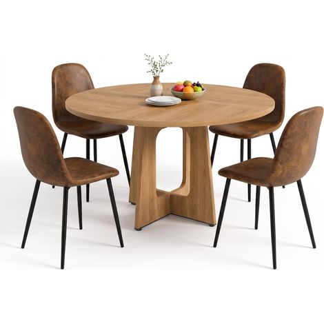 FurnitureR 5-teiliges Essset mit Rundtisch und 4 Stühlen, 120-cm-Rundtisch in Eichenoptik mit 4 braunen Stühlen in Wildlederoptik für gesellige Mahlzeiten (1/5)