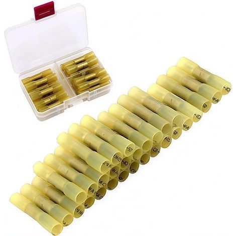 Connecteurs bout à bout thermorétractables, kit de connecteurs de bornes à sertir , connecteurs sans soudure, connecteurs de fils étanches jaunes adaptés aux câbles 12-10 AWG (30 pièces) (1/5)