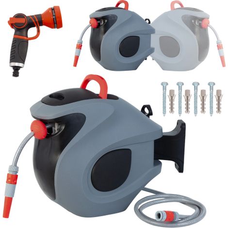 Gartenschlauchaufroller 30 m – Automatischer Wandschlauchhalter – Automatischer Gartenschlauchaufroller – Spritzpistole mit 9 Sprühfunktionen – um 180° schwenkbar – grau und rot