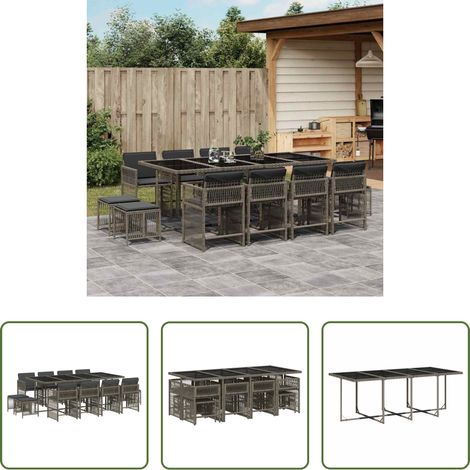 vidaXL Gartentisch - 13-tlg. Garten-Essgruppe mit Kissen Grau Poly Rattan (1/5)