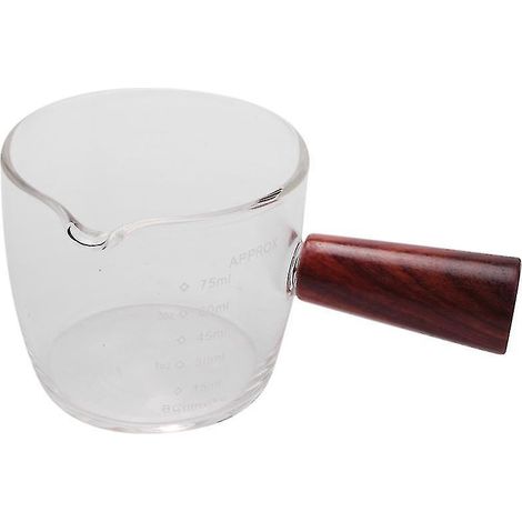 Verre doseur en verre pour expresso 75 ml, pichet triple barista à bec unique avec poignée en bois. (1/5)