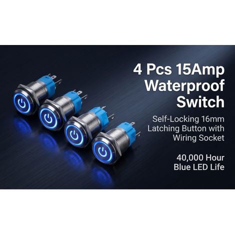 Lot de 4 interrupteurs à bouton-poussoir à verrouillage 15 A, 16 mm, SPST 1NO, marche/arrêt, avec prise de câblage, étanches IP67, bleus (1/5)