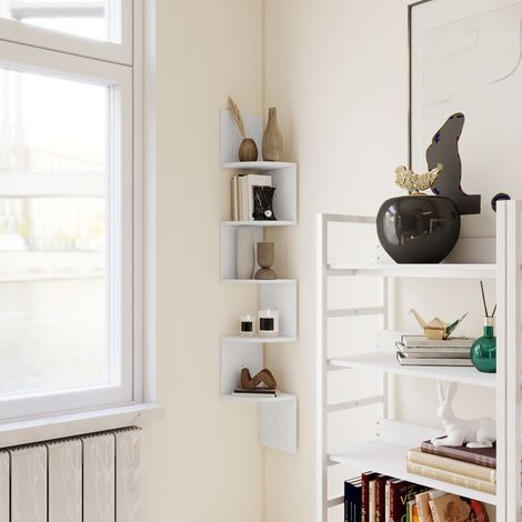 Cloison amovible Étagère d'angle Murale de Rangement Forme Zigzag 20L x 20l x 126H cm 5 Niveaux Bois Blanche (1/5)