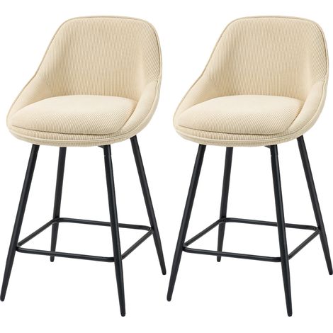 Lot 2 tabourets bar velours côtelé dossier courbé repose-pieds, 49x52x88 cm, beige (1/5)