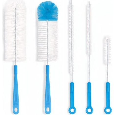 5 brosses longues bleu ciel, pour nettoyer pailles, bouteilles, verres, bouilloires et récipients à col étroit. (1/4)