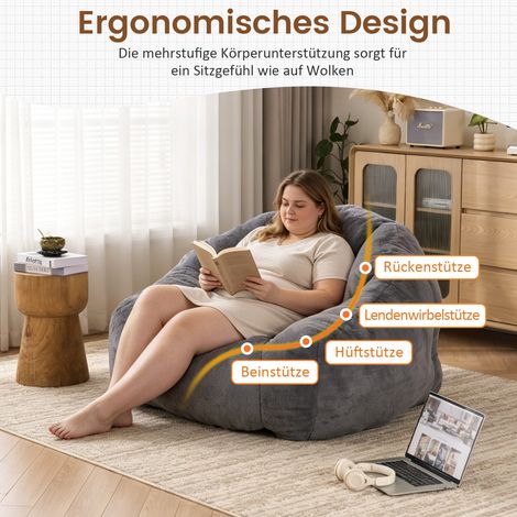 Pouf fauteuil adulte en fausse fourrure moelleuse, sans montage, livré sous vide, pour salon, chambre ou balcon - Taille L (Gris clair) (1/5)