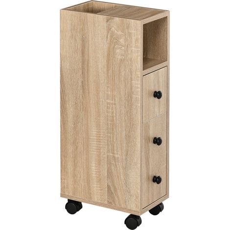 Furniture of bathroom to 4 casters with shelf open, drawer and cabinet, in wood, 18 x 30 x 68,5 cm, color oak (1/5)