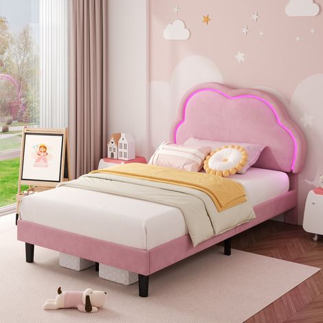 3FT Single Upholstered Bed with LED Adjustable Cute Cloud Headboard, Soft Velvet Bed Frame with Solid Wood Slat, No Box Spring Needed, Pink (No Mattress)