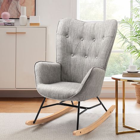 Fauteuil à bascule 68x85x98 cm en tissu gris clair et naturel - HALMA (1/5)