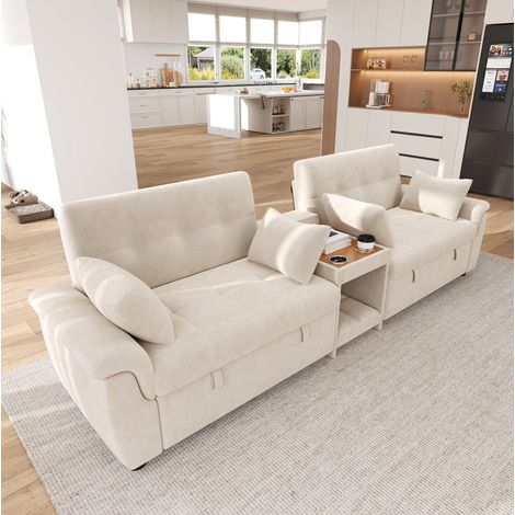 Canapé-lit d’angle U convertible, double couchage, dossier réglable, chenille beige, 284 cm (1/5)