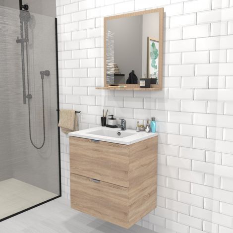 Waschbeckenunterschrank mit 2 Schubladen MALAGA 60 cm + Waschbecken + Spiegel / Gebleichte Eiche/